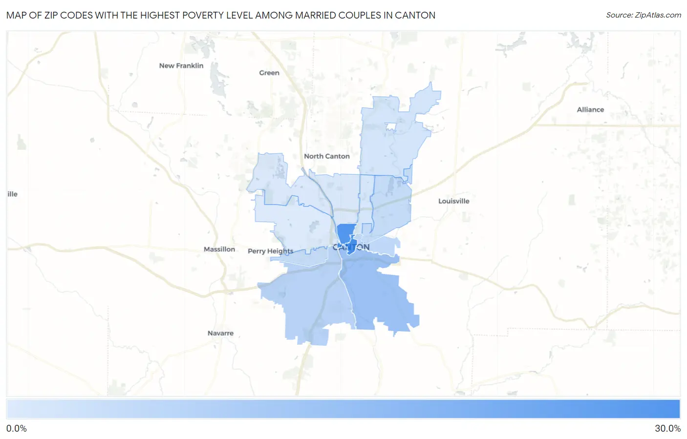 Zip Codes with the Highest Poverty Level Among Married Couples in Canton Map
