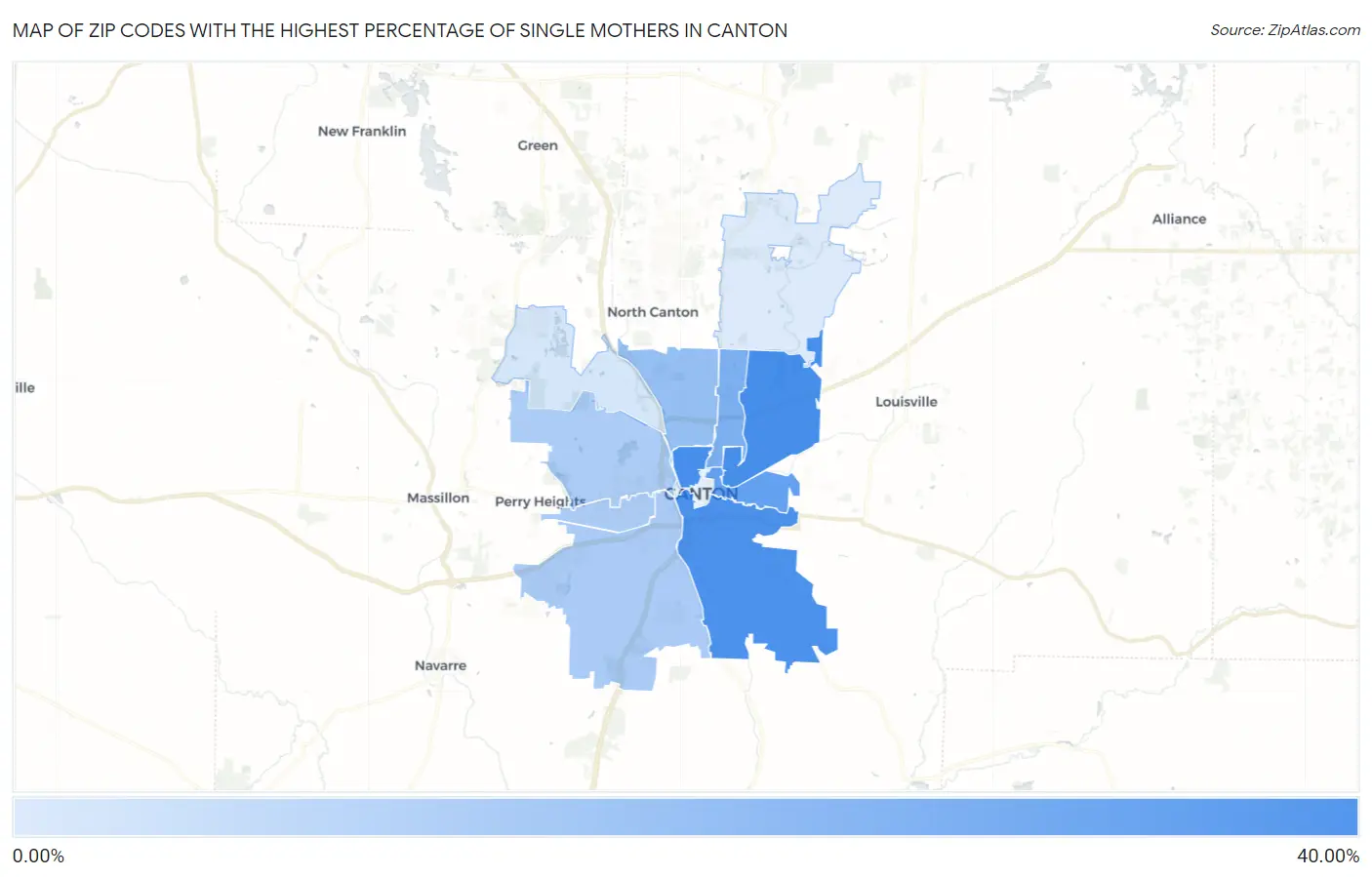 Zip Codes with the Highest Percentage of Single Mothers in Canton Map