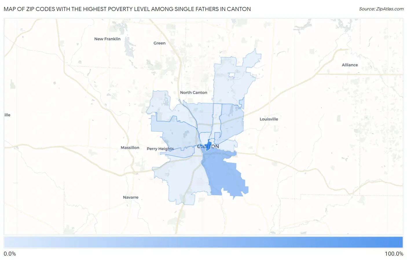 Zip Codes with the Highest Poverty Level Among Single Fathers in Canton Map