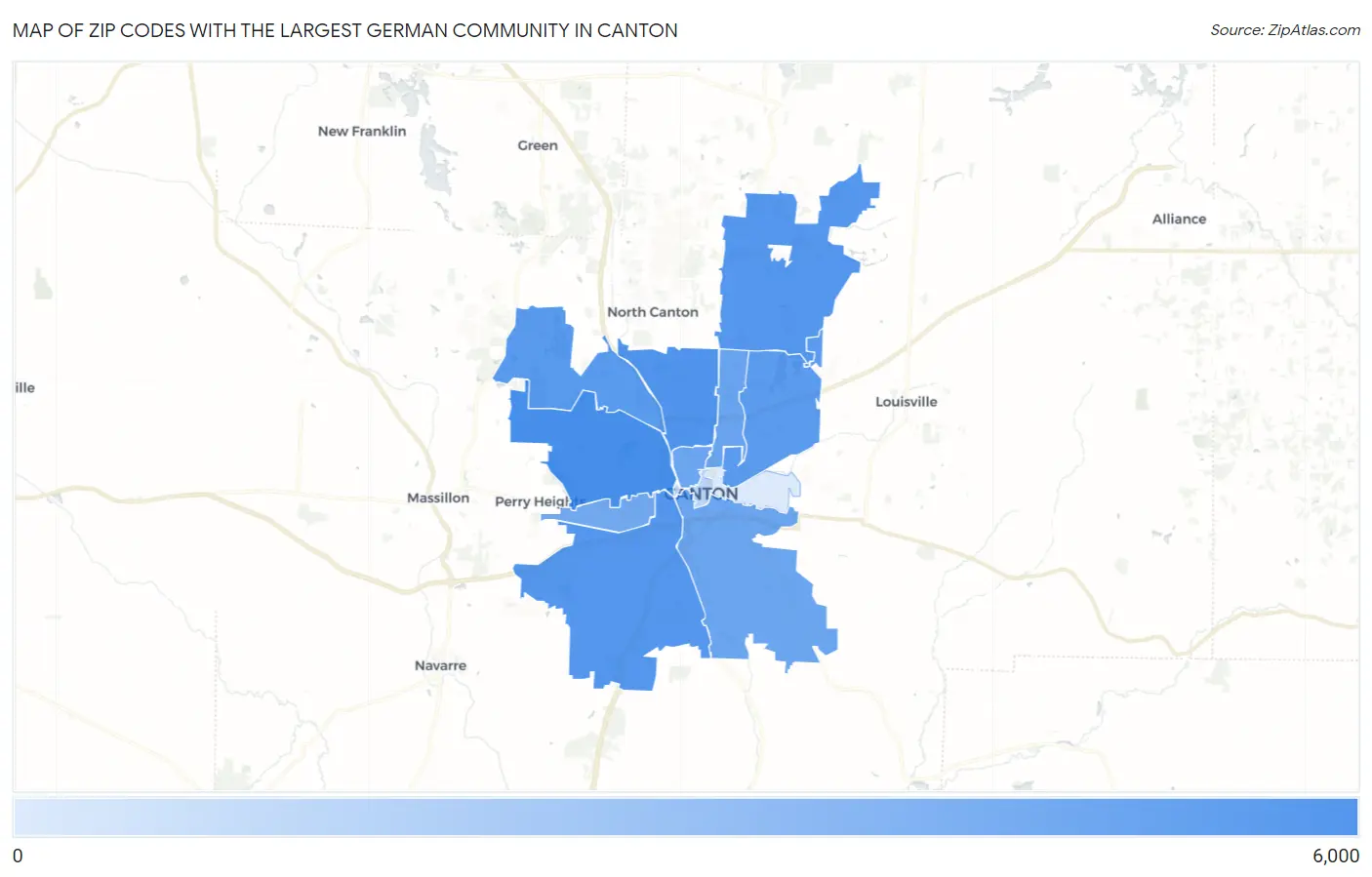 Zip Codes with the Largest German Community in Canton Map