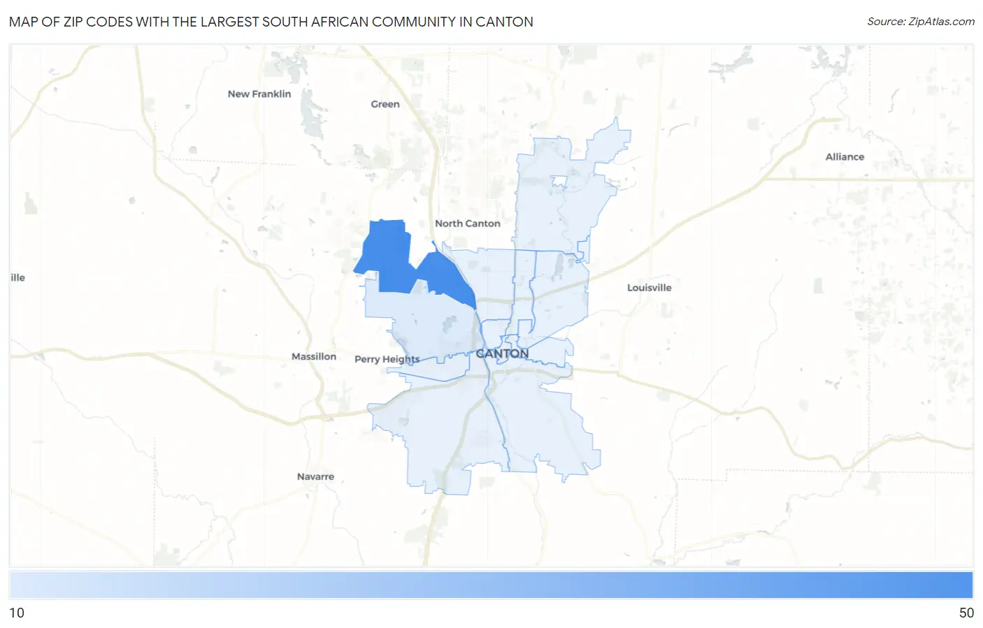 Zip Codes with the Largest South African Community in Canton Map