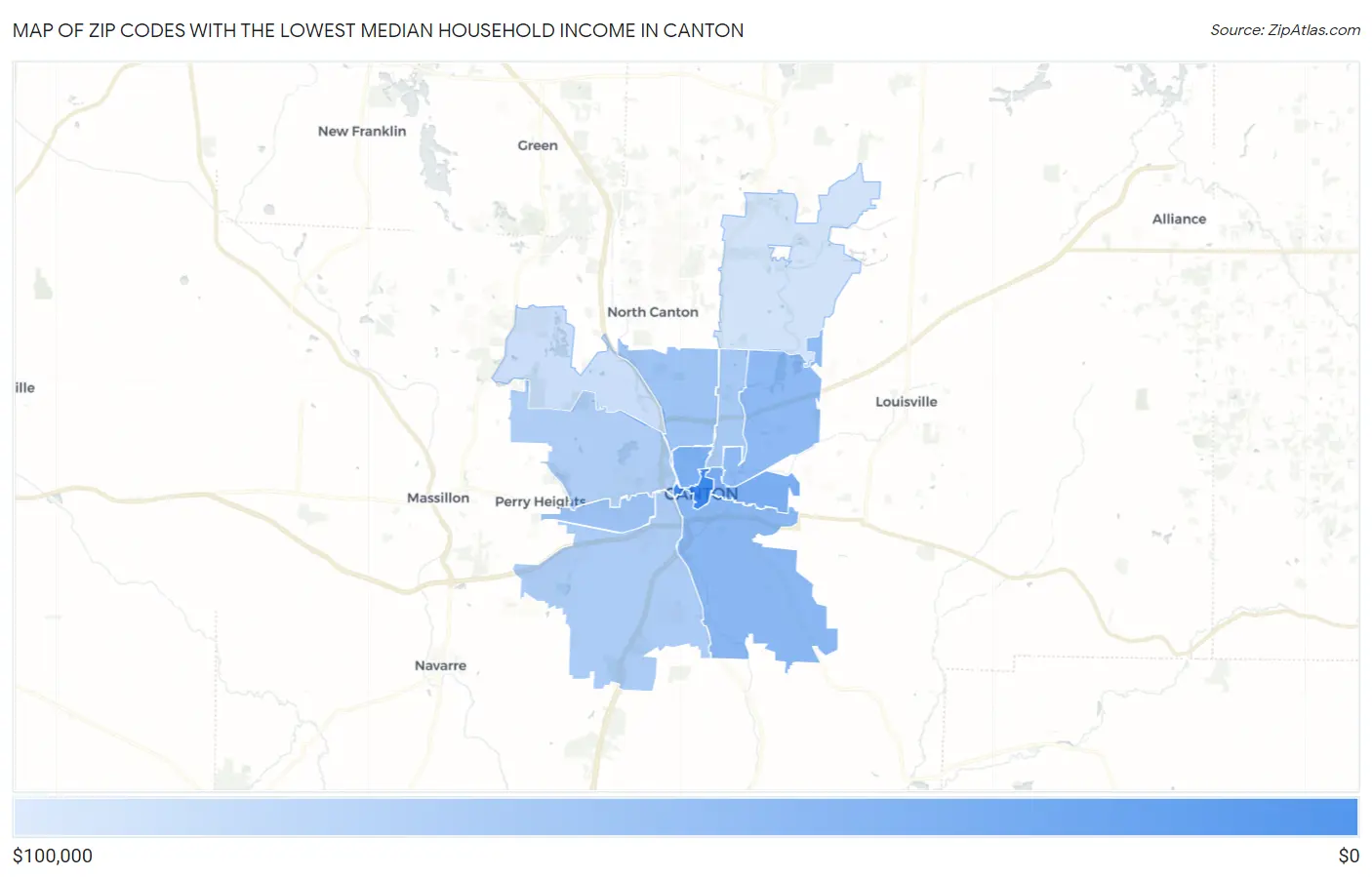 Zip Codes with the Lowest Median Household Income in Canton Map