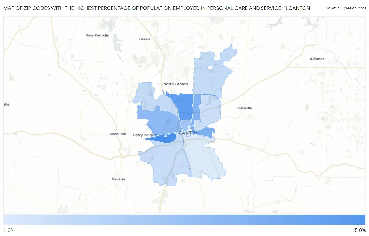 Zip Codes with the Highest Percentage of Population Employed in Personal Care and Service in Canton Map