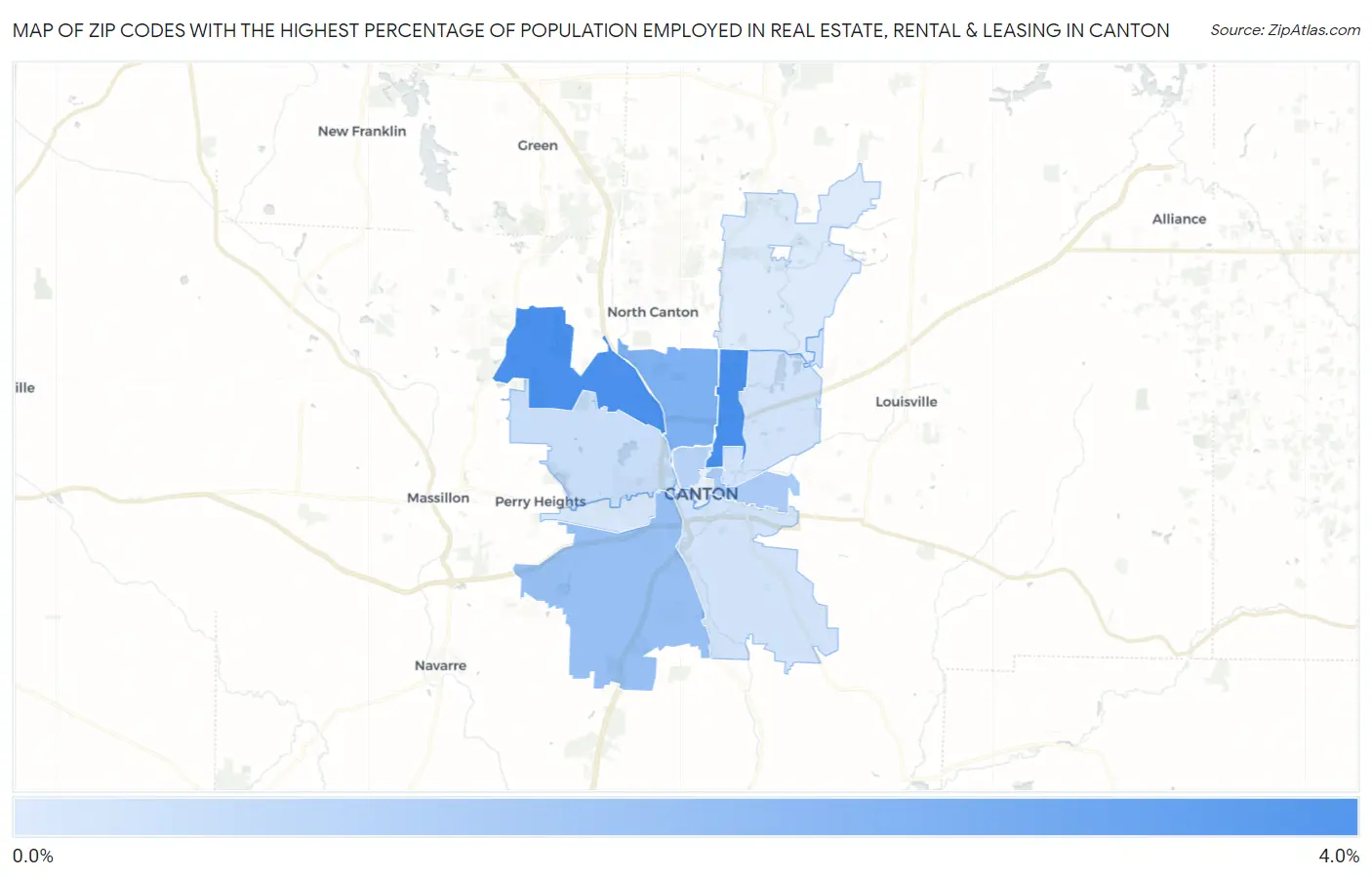 Zip Codes with the Highest Percentage of Population Employed in Real Estate, Rental & Leasing in Canton Map