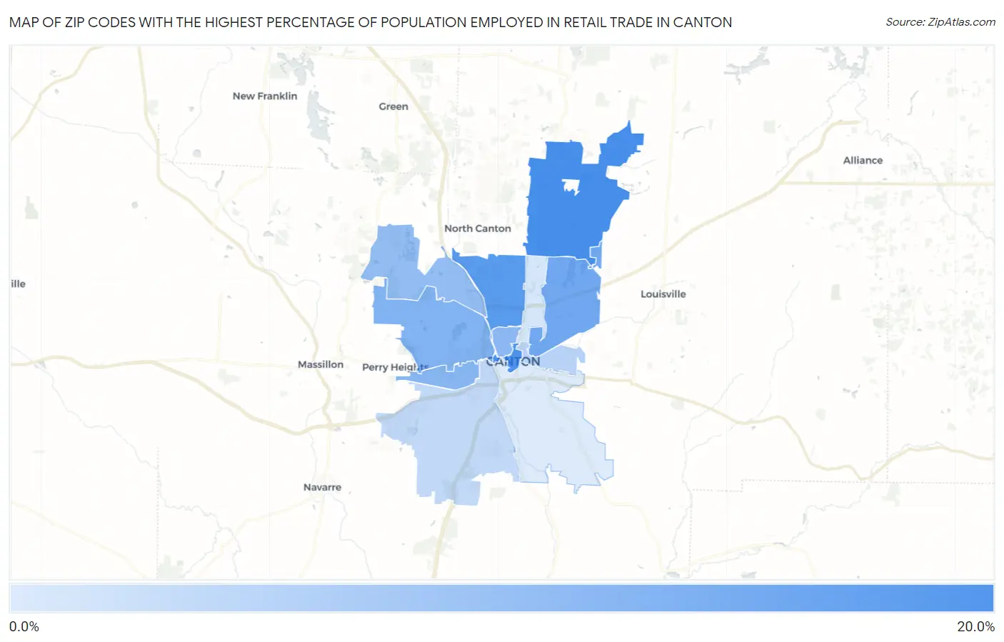 Zip Codes with the Highest Percentage of Population Employed in Retail Trade in Canton Map