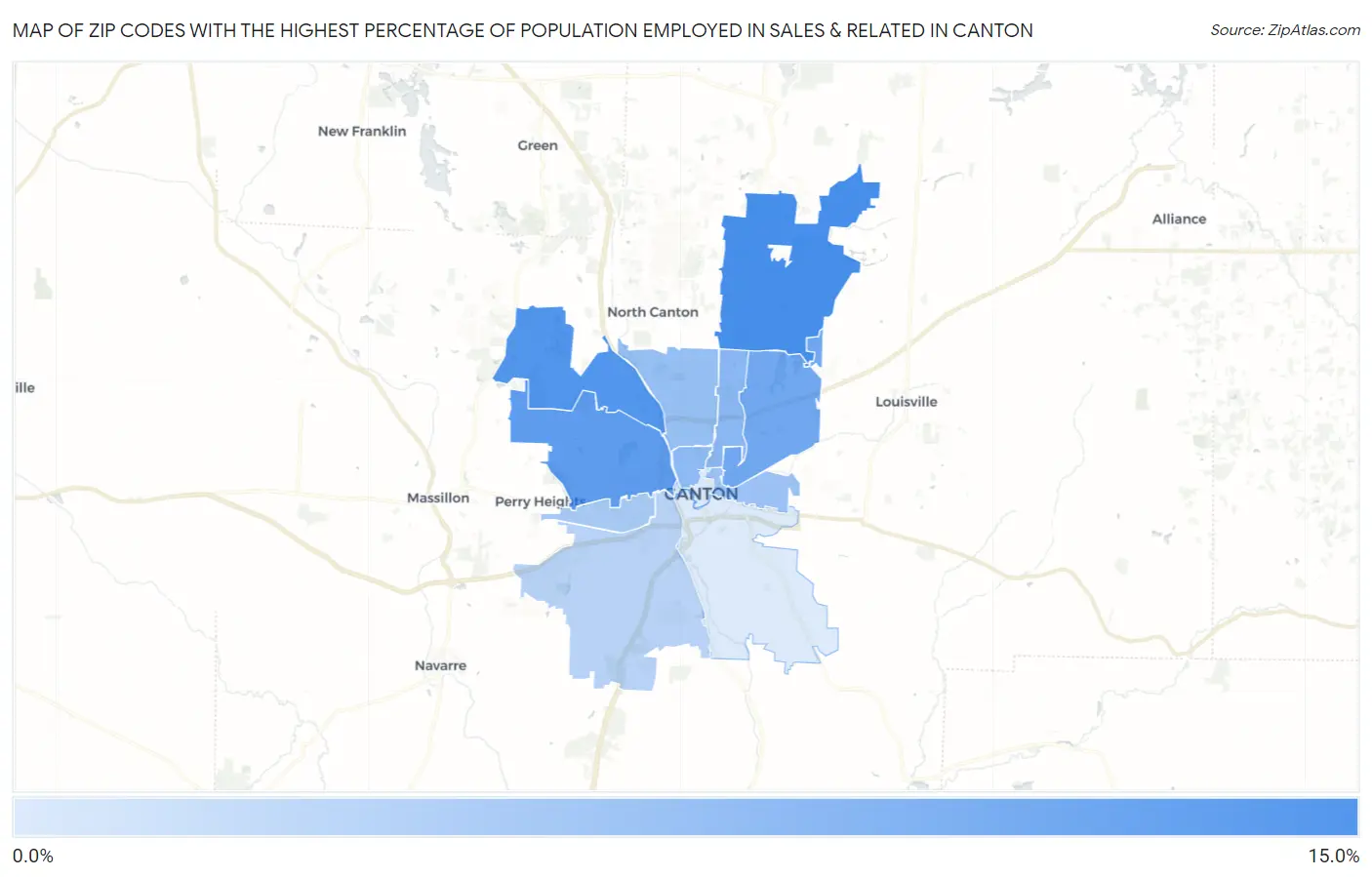 Zip Codes with the Highest Percentage of Population Employed in Sales & Related in Canton Map