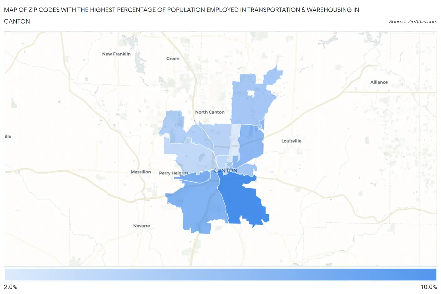 Zip Codes with the Highest Percentage of Population Employed in Transportation & Warehousing in Canton Map