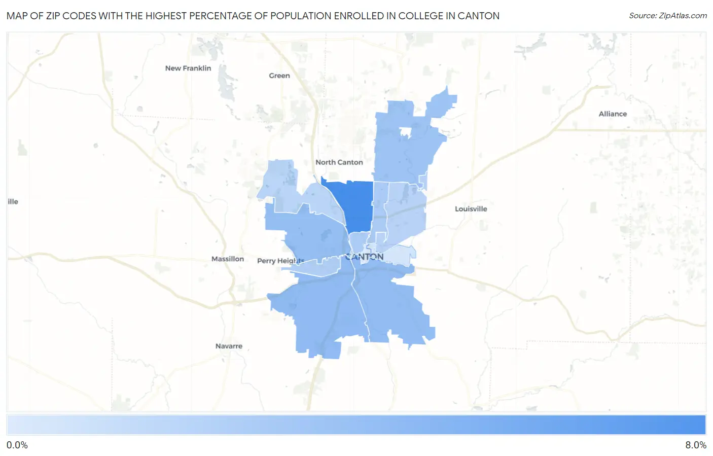 Zip Codes with the Highest Percentage of Population Enrolled in College in Canton Map