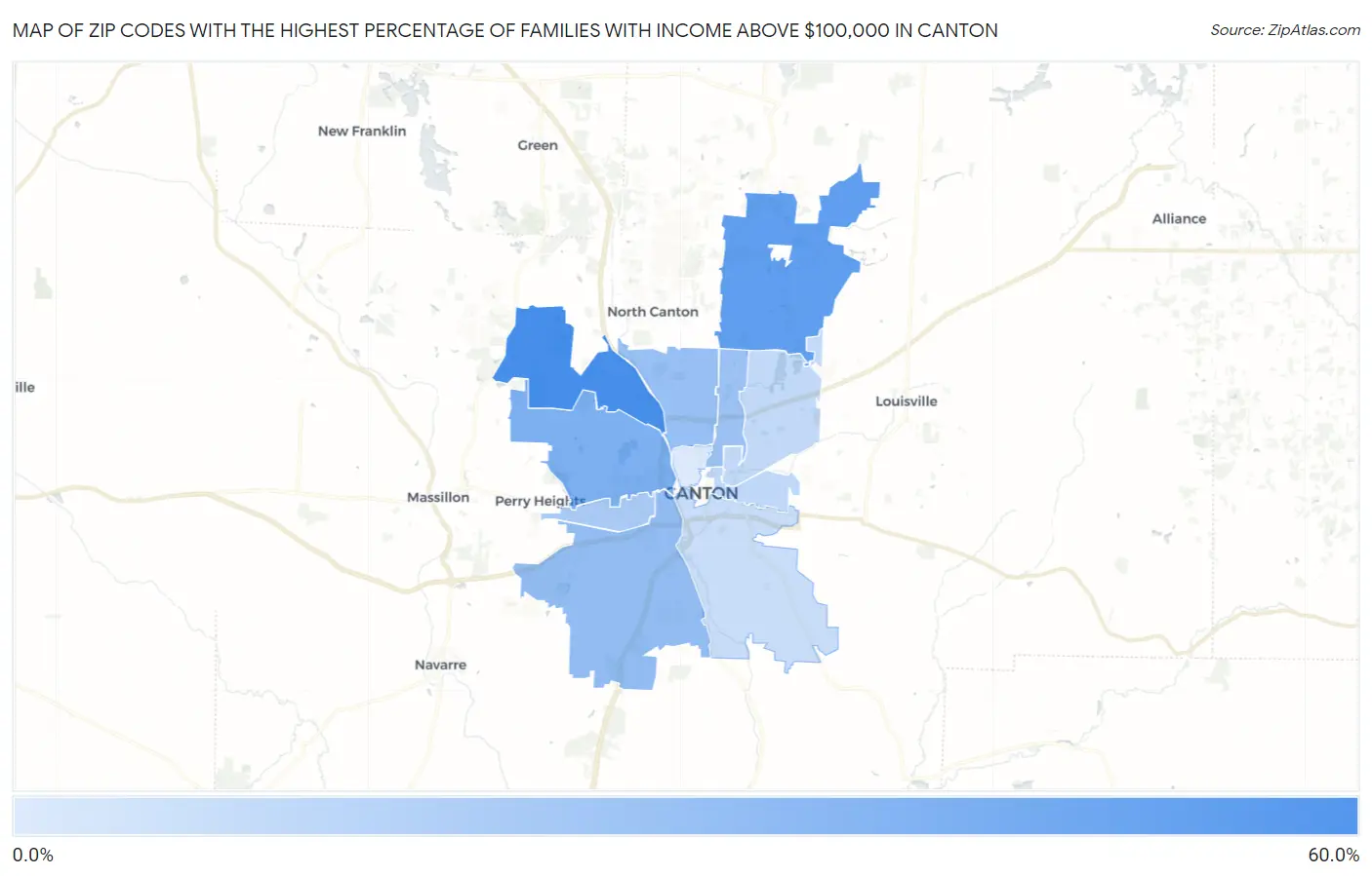 Zip Codes with the Highest Percentage of Families with Income Above $100,000 in Canton Map