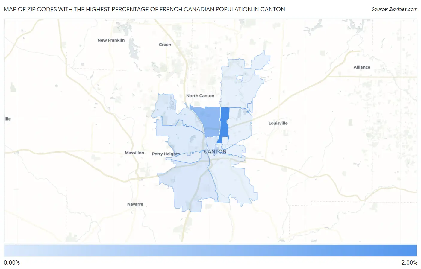 Zip Codes with the Highest Percentage of French Canadian Population in Canton Map