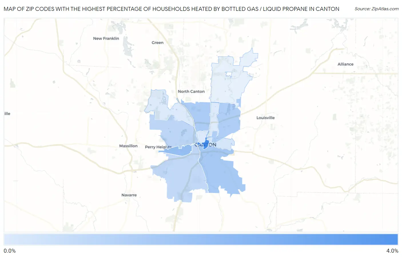 Zip Codes with the Highest Percentage of Households Heated by Bottled Gas / Liquid Propane in Canton Map