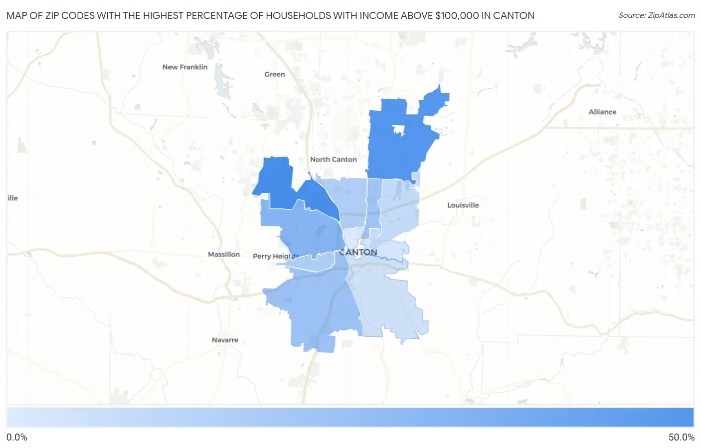 Zip Codes with the Highest Percentage of Households with Income Above $100,000 in Canton Map