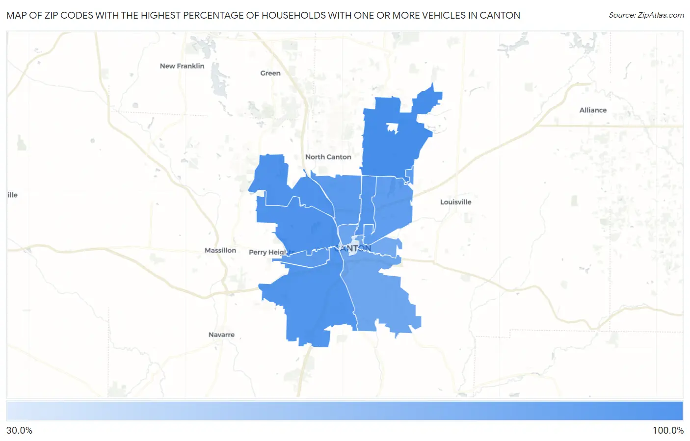 Zip Codes with the Highest Percentage of Households With One or more Vehicles in Canton Map
