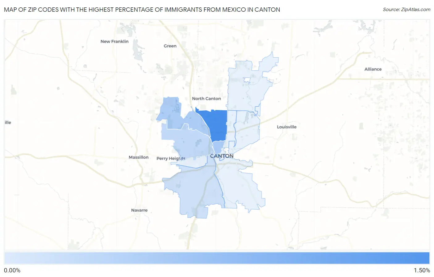 Zip Codes with the Highest Percentage of Immigrants from Mexico in Canton Map