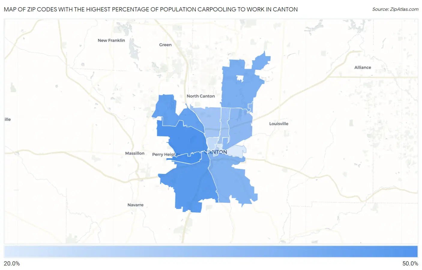 Zip Codes with the Highest Percentage of Population Carpooling to Work in Canton Map