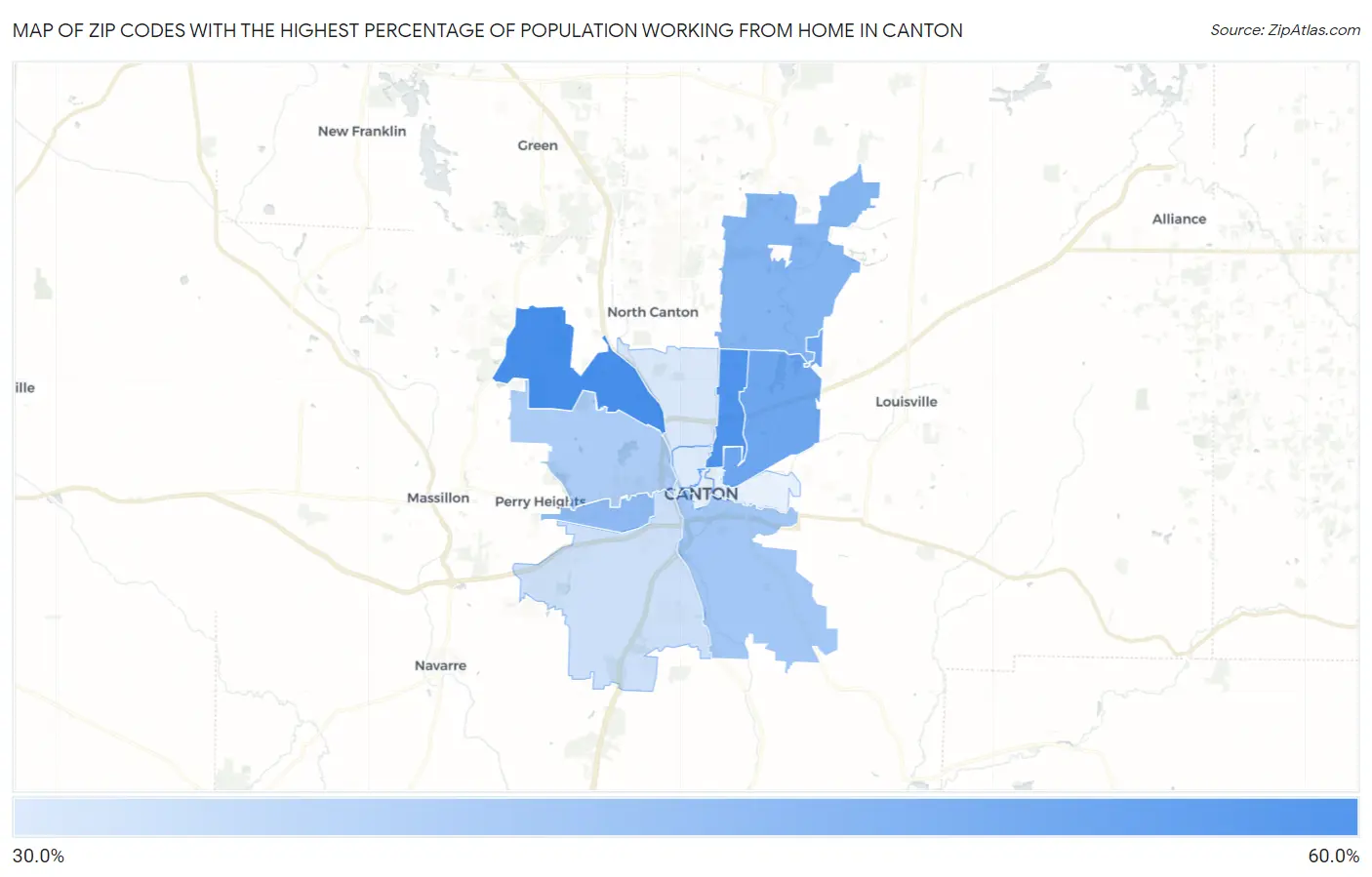 Zip Codes with the Highest Percentage of Population Working from Home in Canton Map