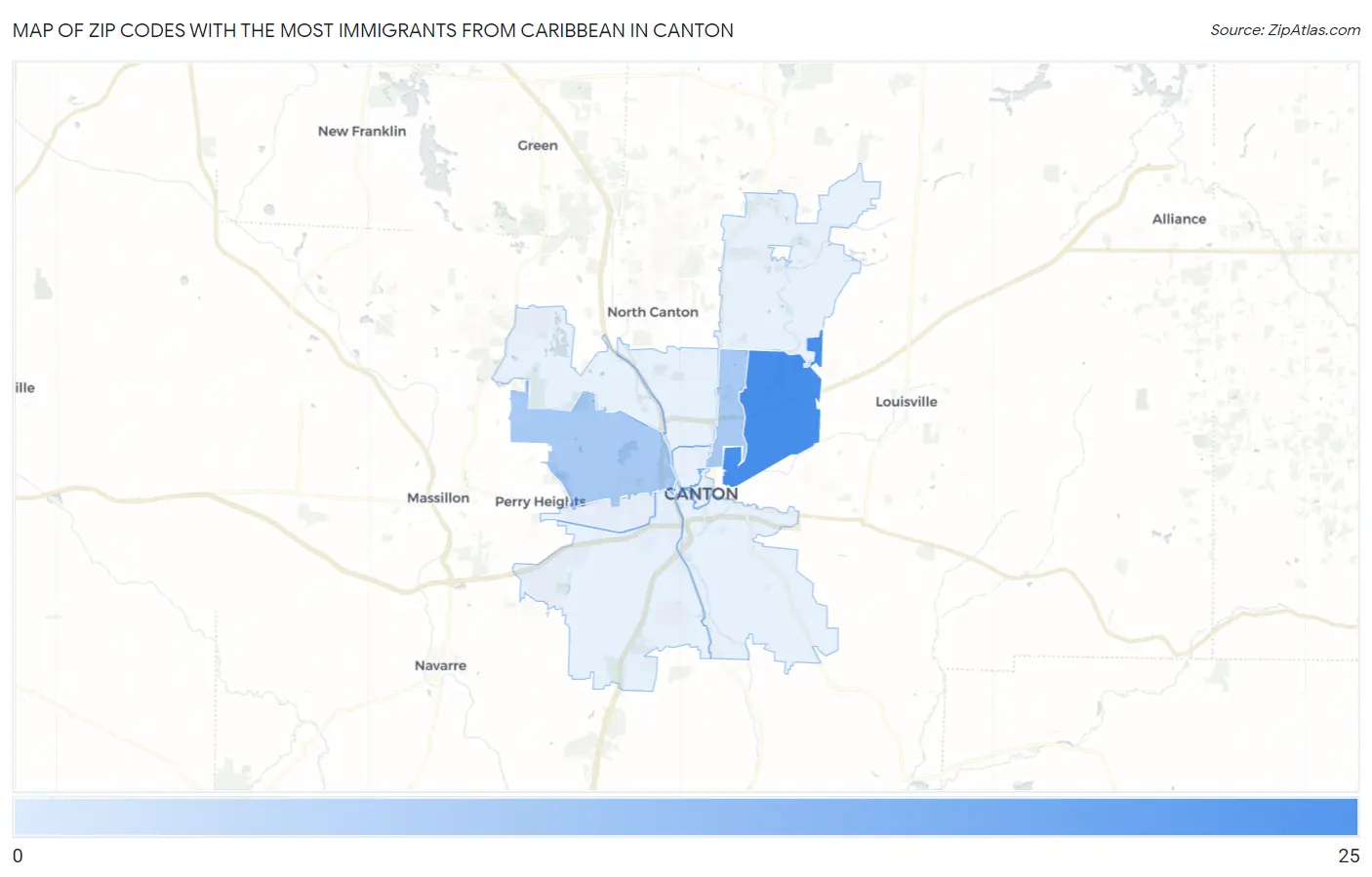 Zip Codes with the Most Immigrants from Caribbean in Canton Map