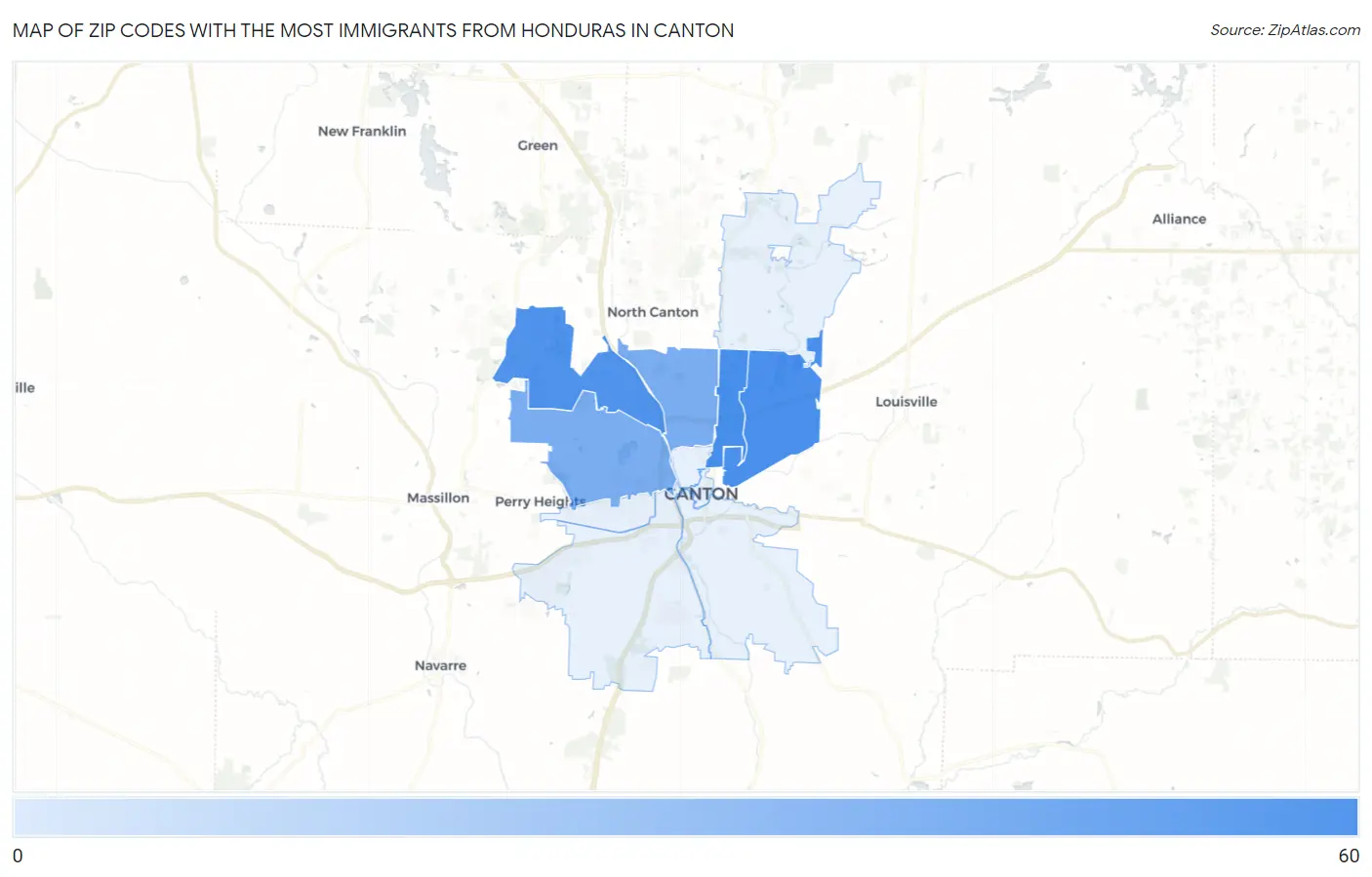 Zip Codes with the Most Immigrants from Honduras in Canton Map