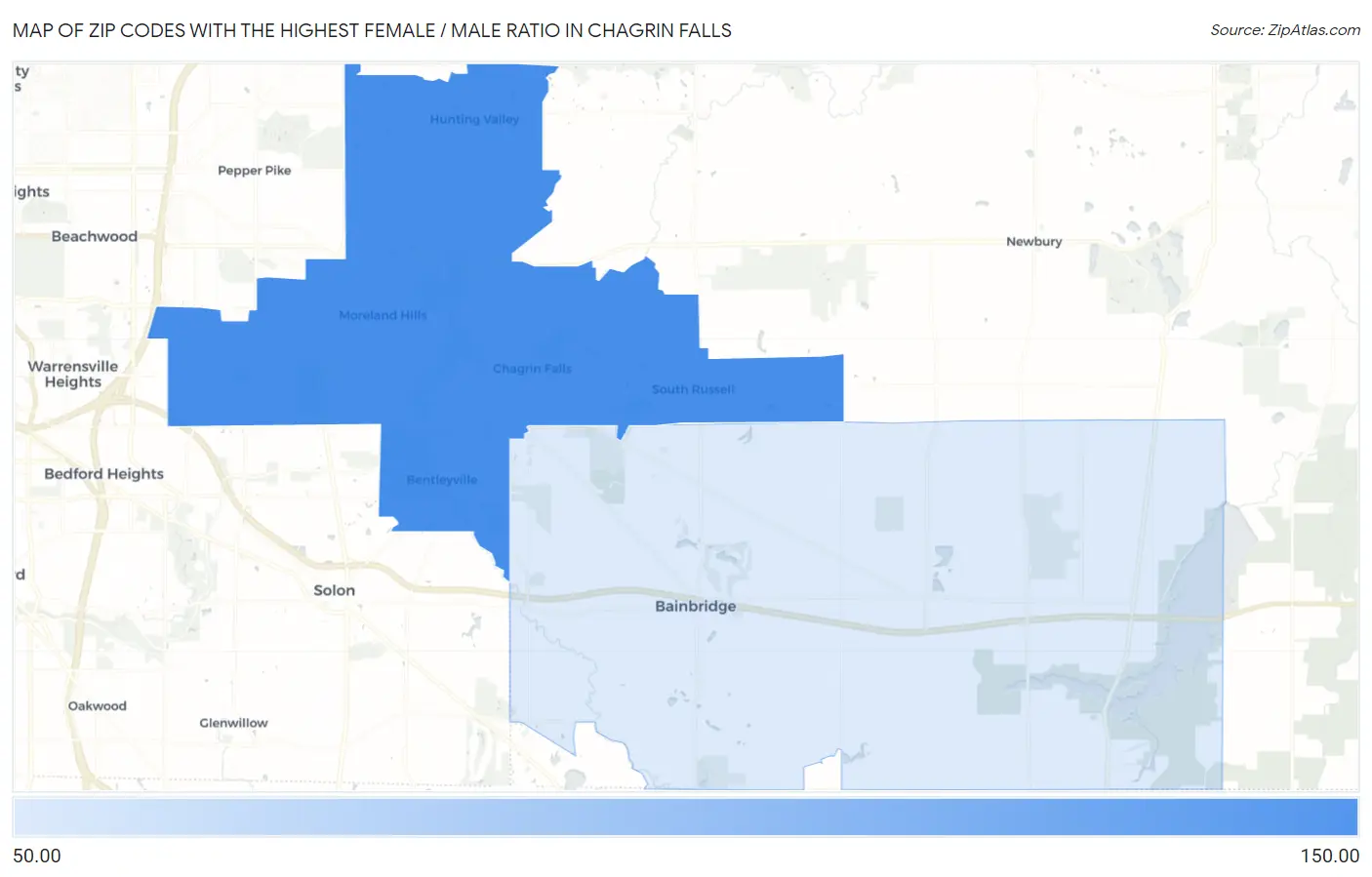 Zip Codes with the Highest Female / Male Ratio in Chagrin Falls Map