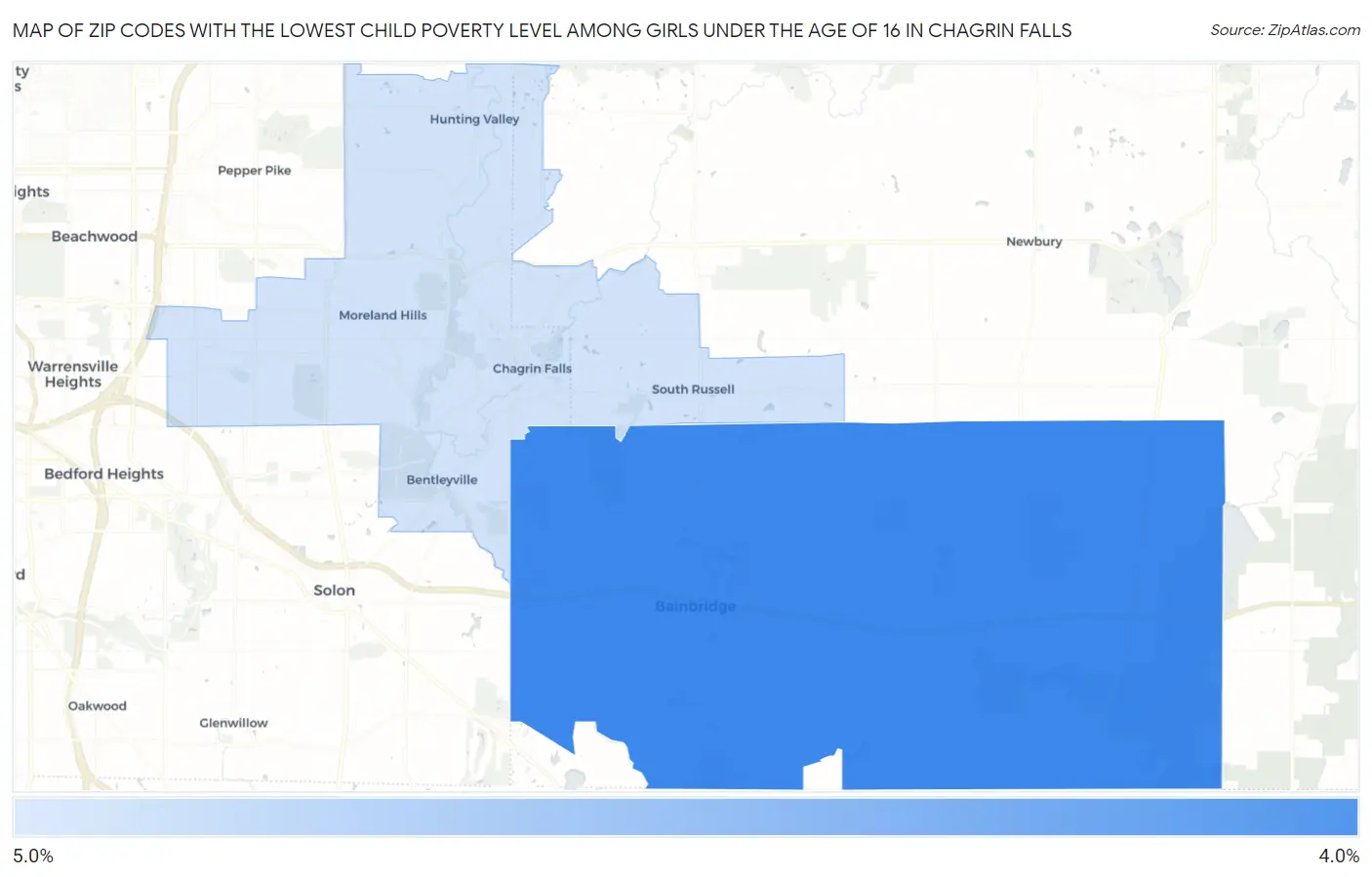 Zip Codes with the Lowest Child Poverty Level Among Girls Under the Age of 16 in Chagrin Falls Map