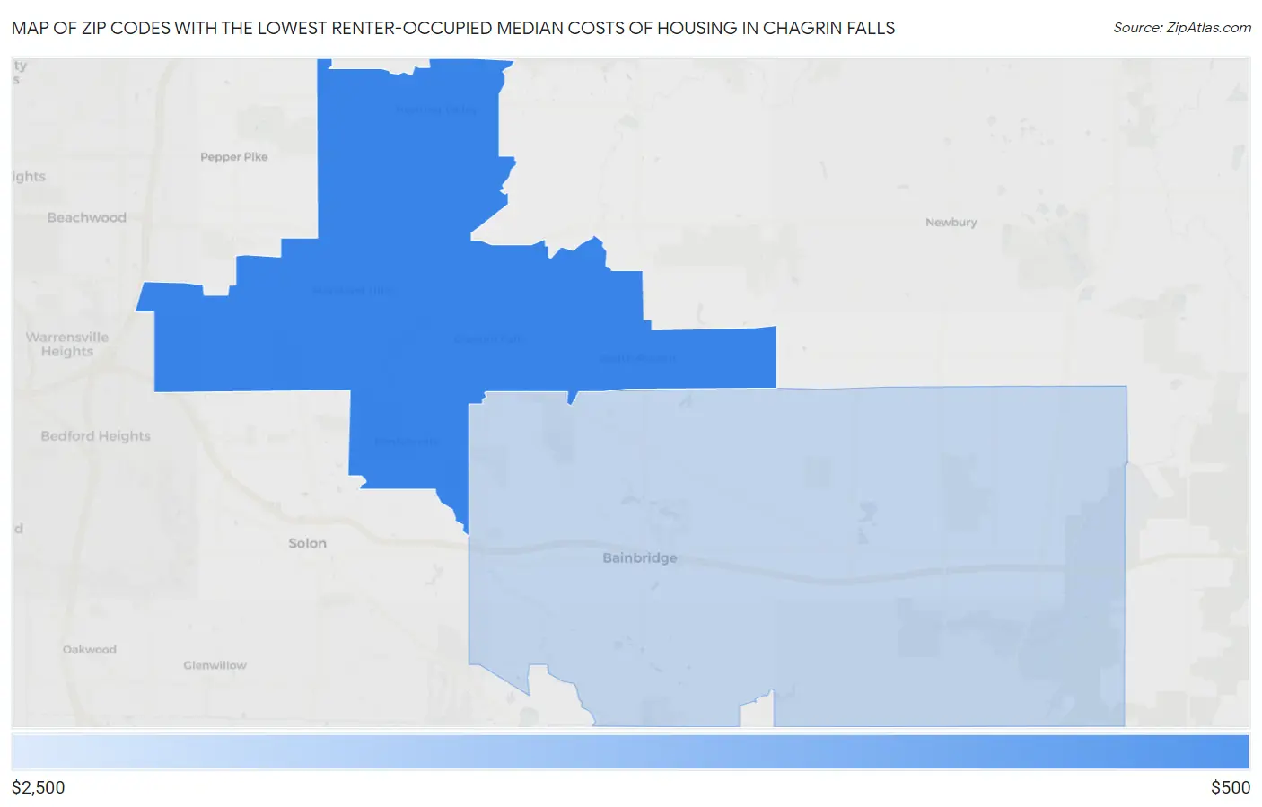 Zip Codes with the Lowest Renter-Occupied Median Costs of Housing in Chagrin Falls Map