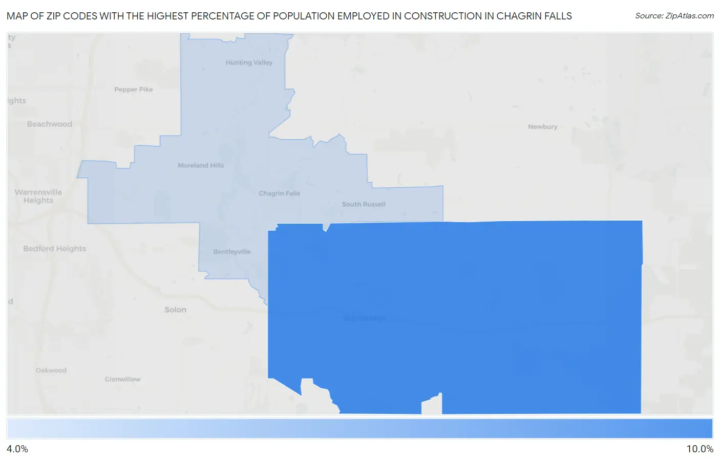 Zip Codes with the Highest Percentage of Population Employed in Construction in Chagrin Falls Map