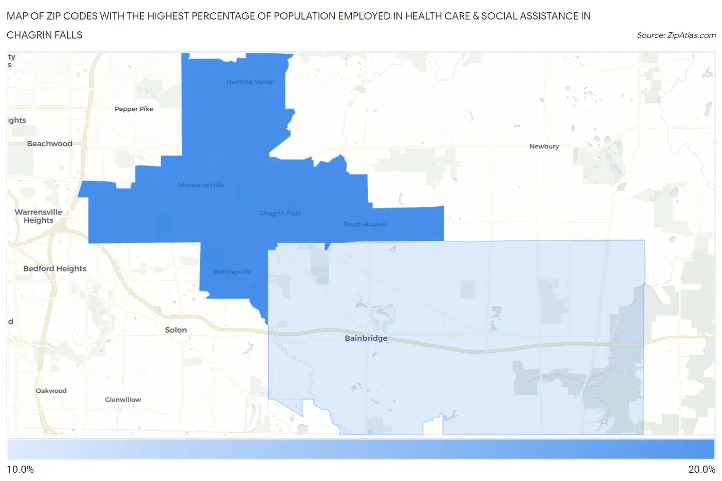 Zip Codes with the Highest Percentage of Population Employed in Health Care & Social Assistance in Chagrin Falls Map