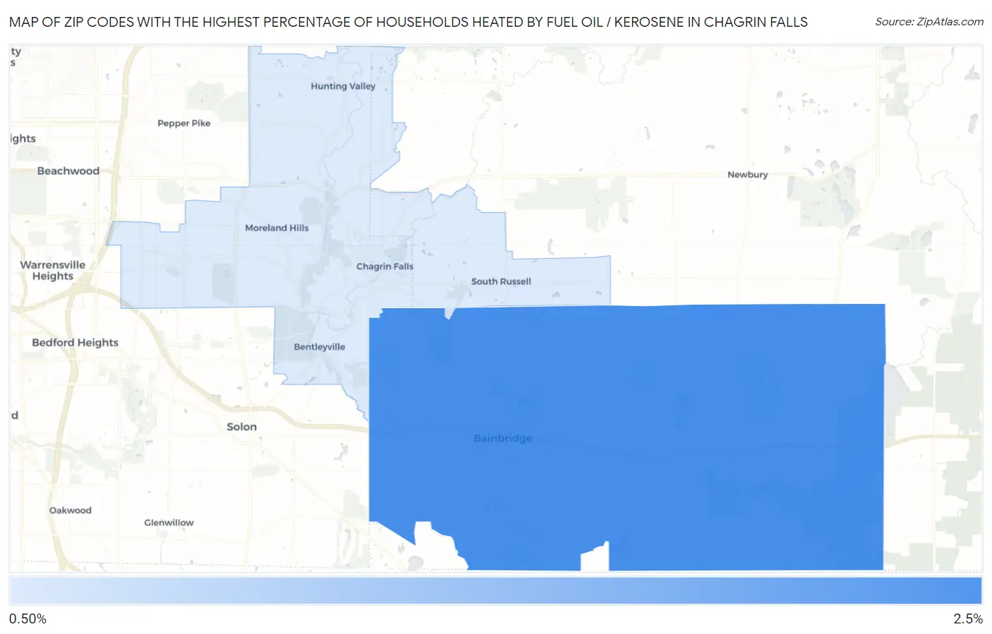 Zip Codes with the Highest Percentage of Households Heated by Fuel Oil / Kerosene in Chagrin Falls Map