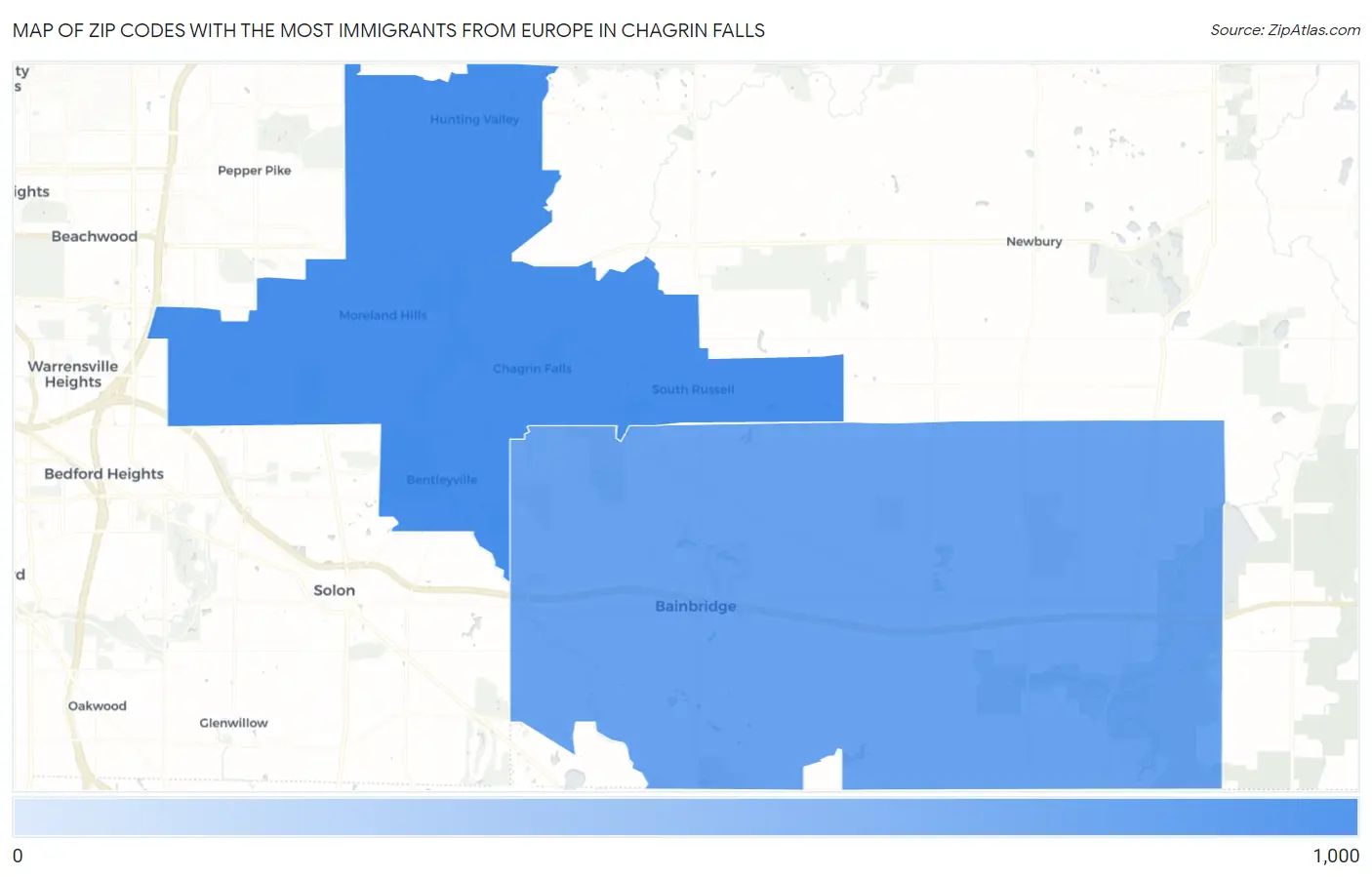 Zip Codes with the Most Immigrants from Europe in Chagrin Falls Map