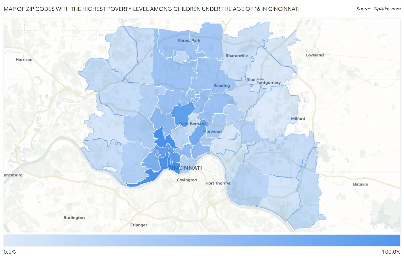 Zip Codes with the Highest Poverty Level Among Children Under the Age of 16 in Cincinnati Map