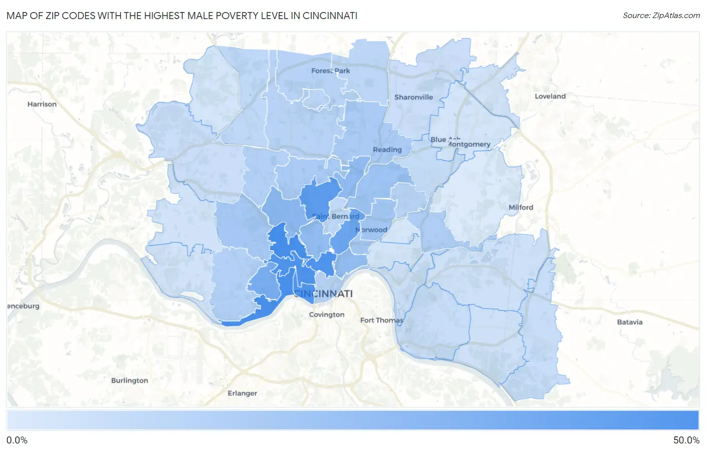 Zip Codes with the Highest Male Poverty Level in Cincinnati Map