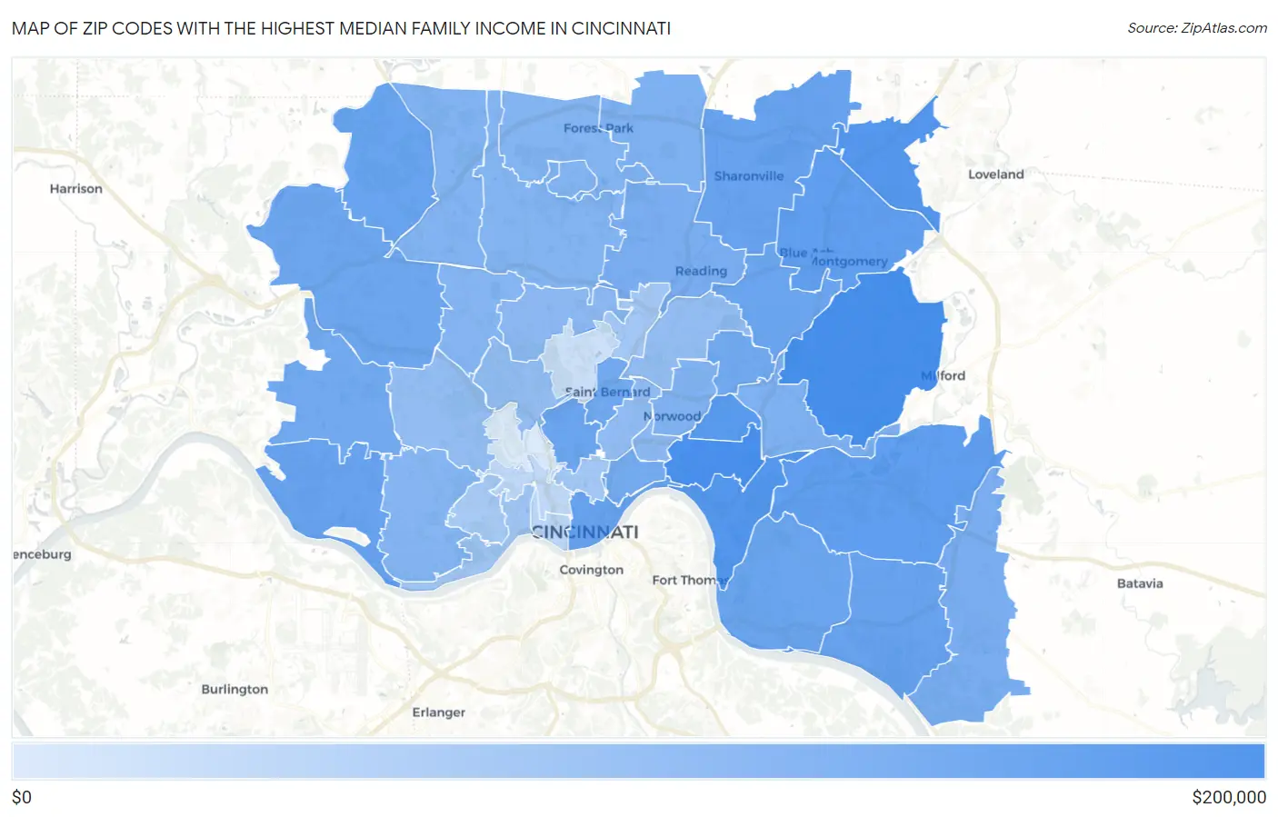 Zip Codes with the Highest Median Family Income in Cincinnati Map