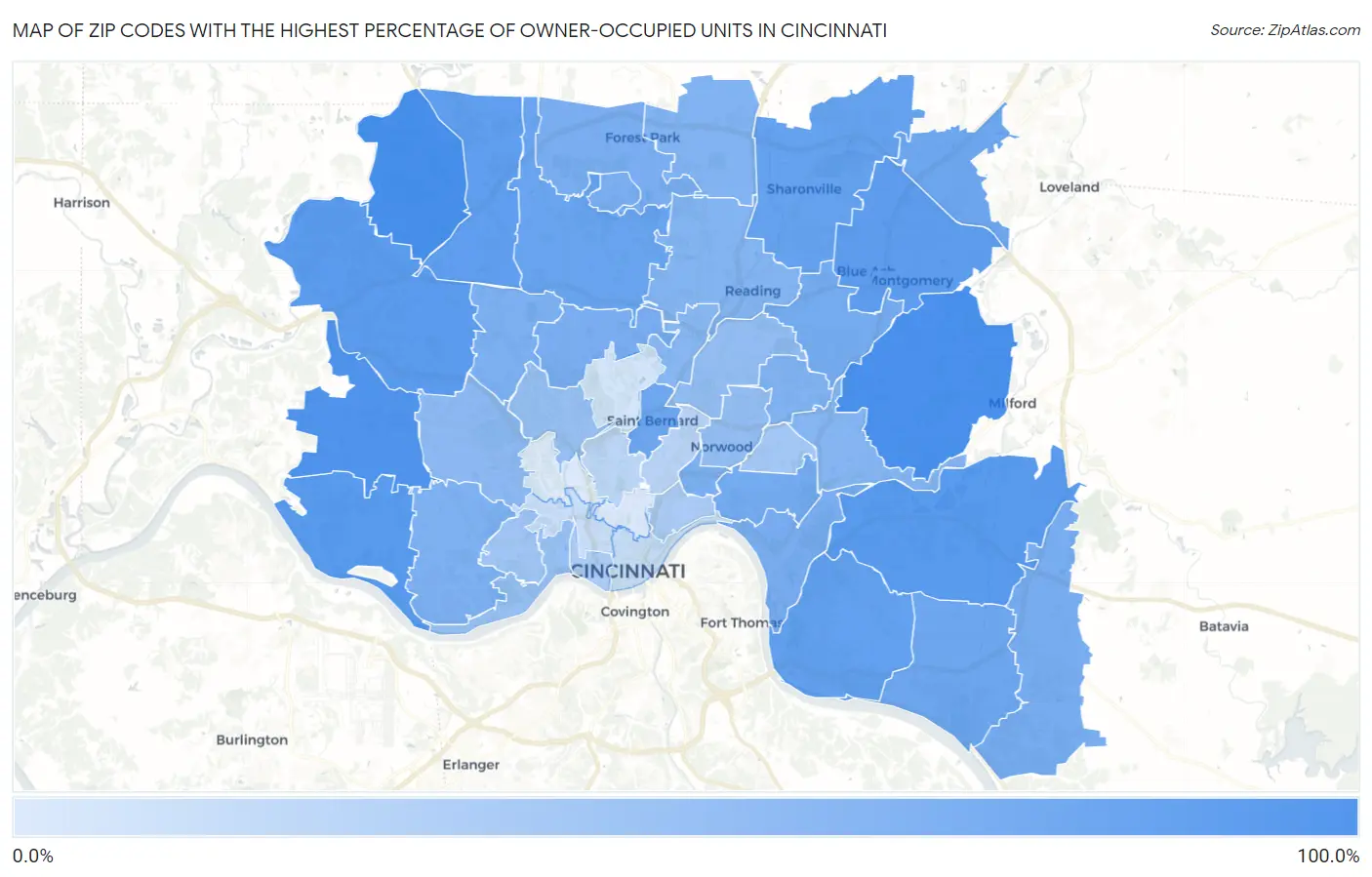 Zip Codes with the Highest Percentage of Owner-Occupied Units in Cincinnati Map