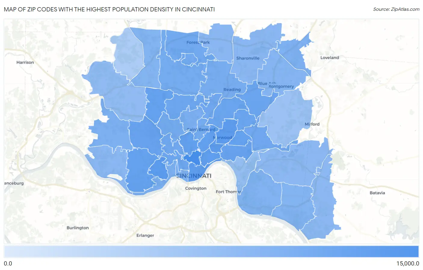 Zip Codes with the Highest Population Density in Cincinnati Map