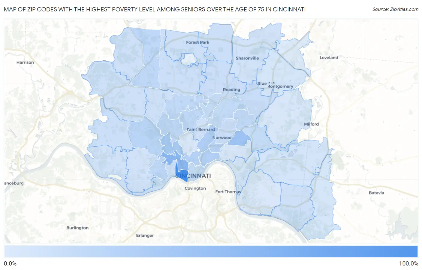 Zip Codes with the Highest Poverty Level Among Seniors Over the Age of 75 in Cincinnati Map