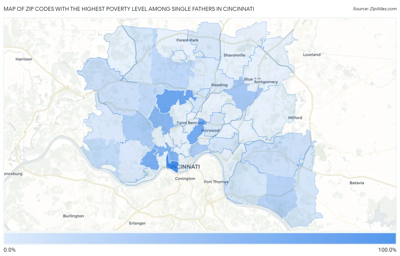 Zip Codes with the Highest Poverty Level Among Single Fathers in Cincinnati Map