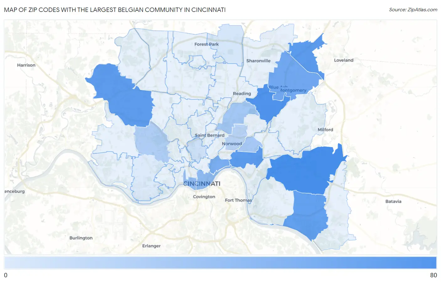 Zip Codes with the Largest Belgian Community in Cincinnati Map