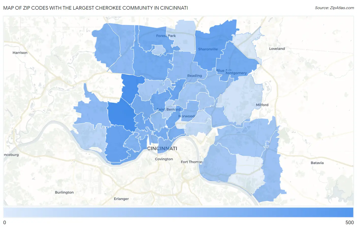 Zip Codes with the Largest Cherokee Community in Cincinnati Map