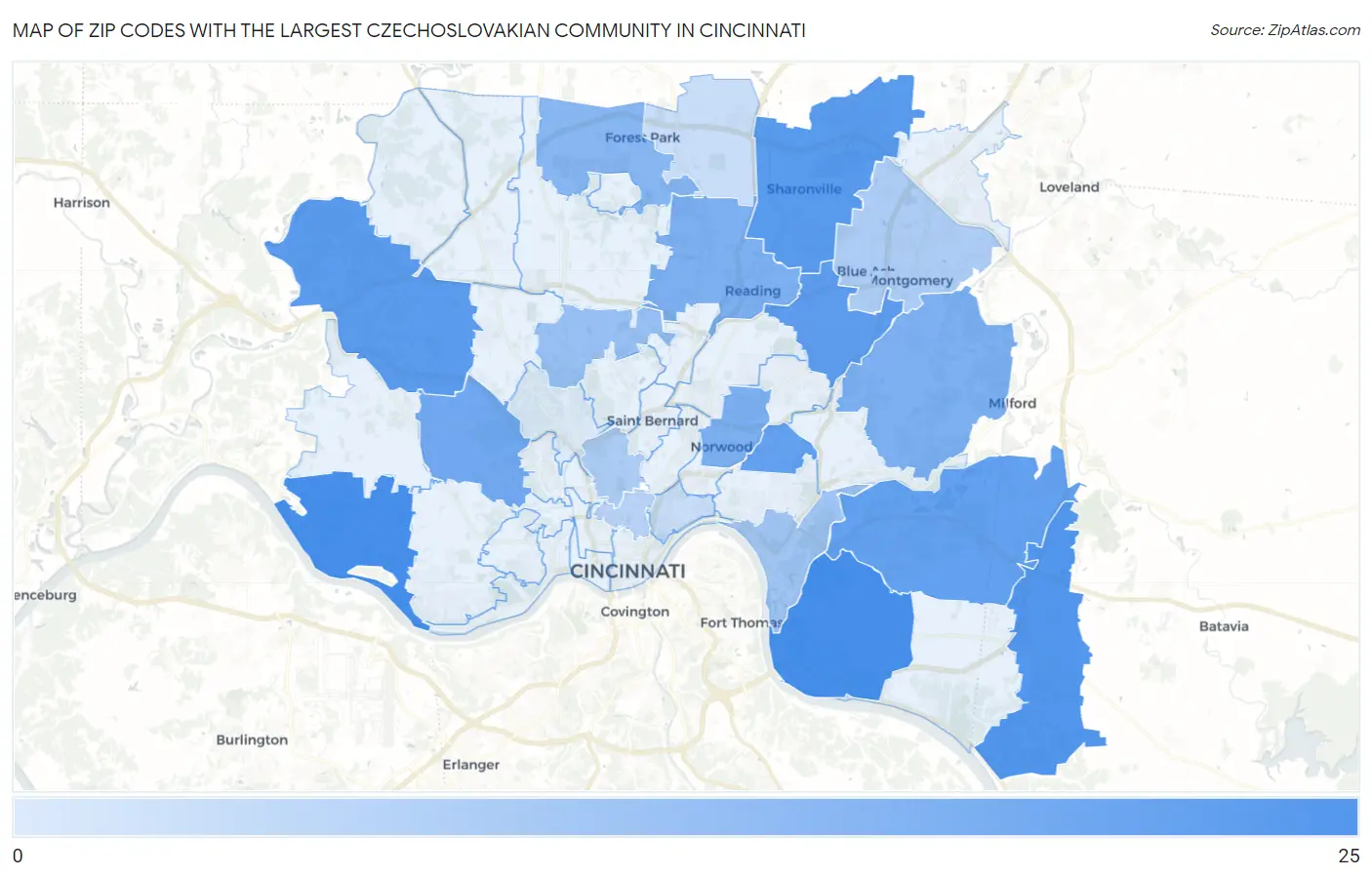 Zip Codes with the Largest Czechoslovakian Community in Cincinnati Map