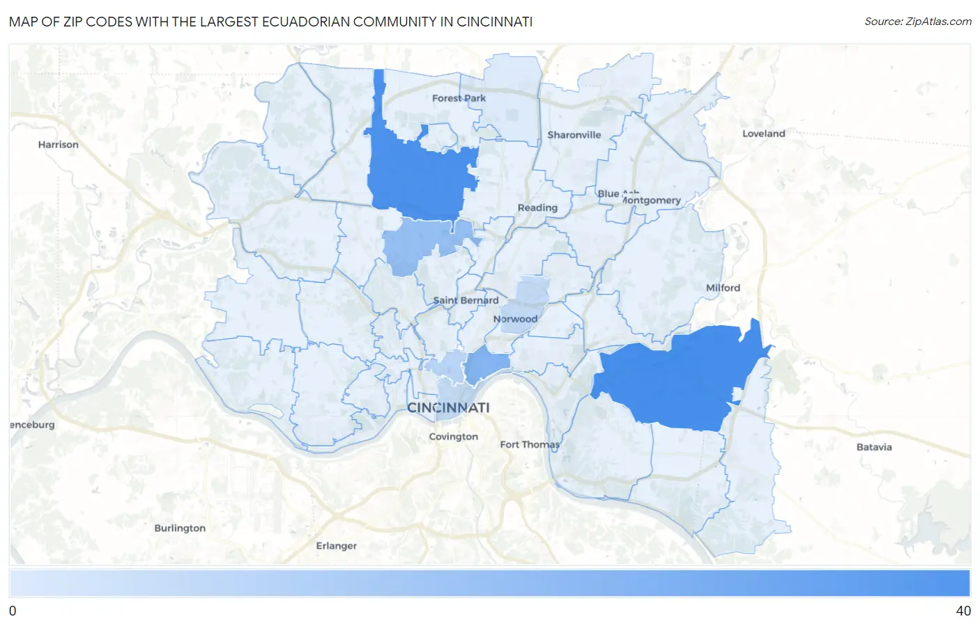 Zip Codes with the Largest Ecuadorian Community in Cincinnati Map