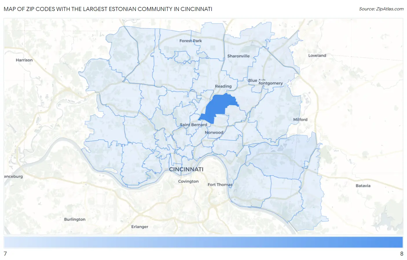Zip Codes with the Largest Estonian Community in Cincinnati Map