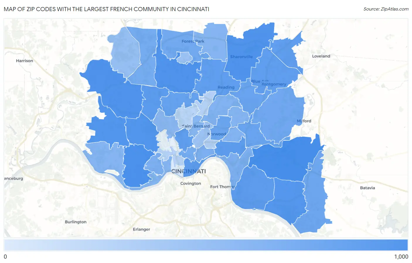 Zip Codes with the Largest French Community in Cincinnati Map