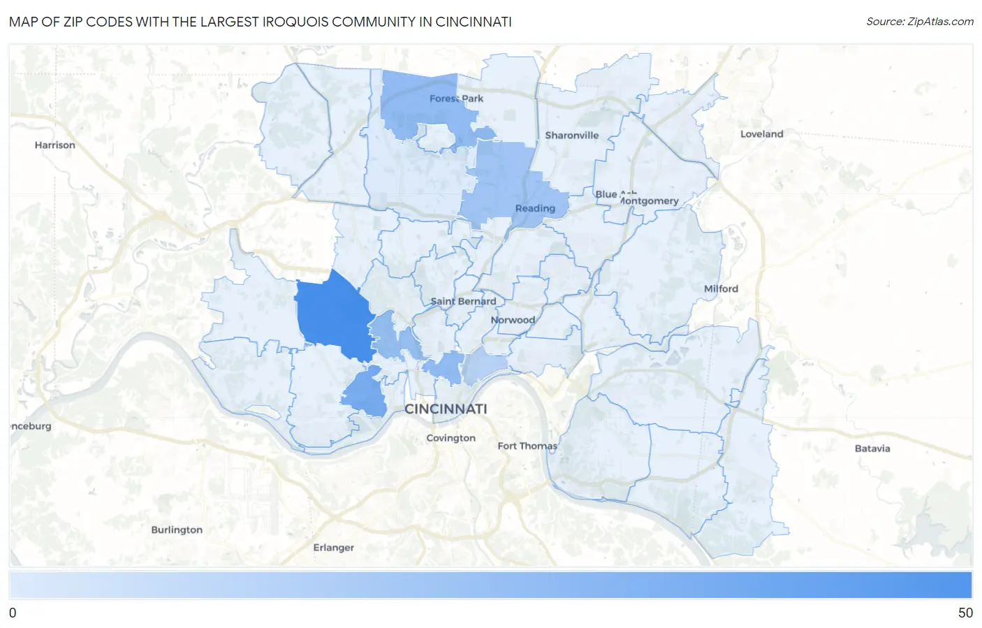 Zip Codes with the Largest Iroquois Community in Cincinnati Map