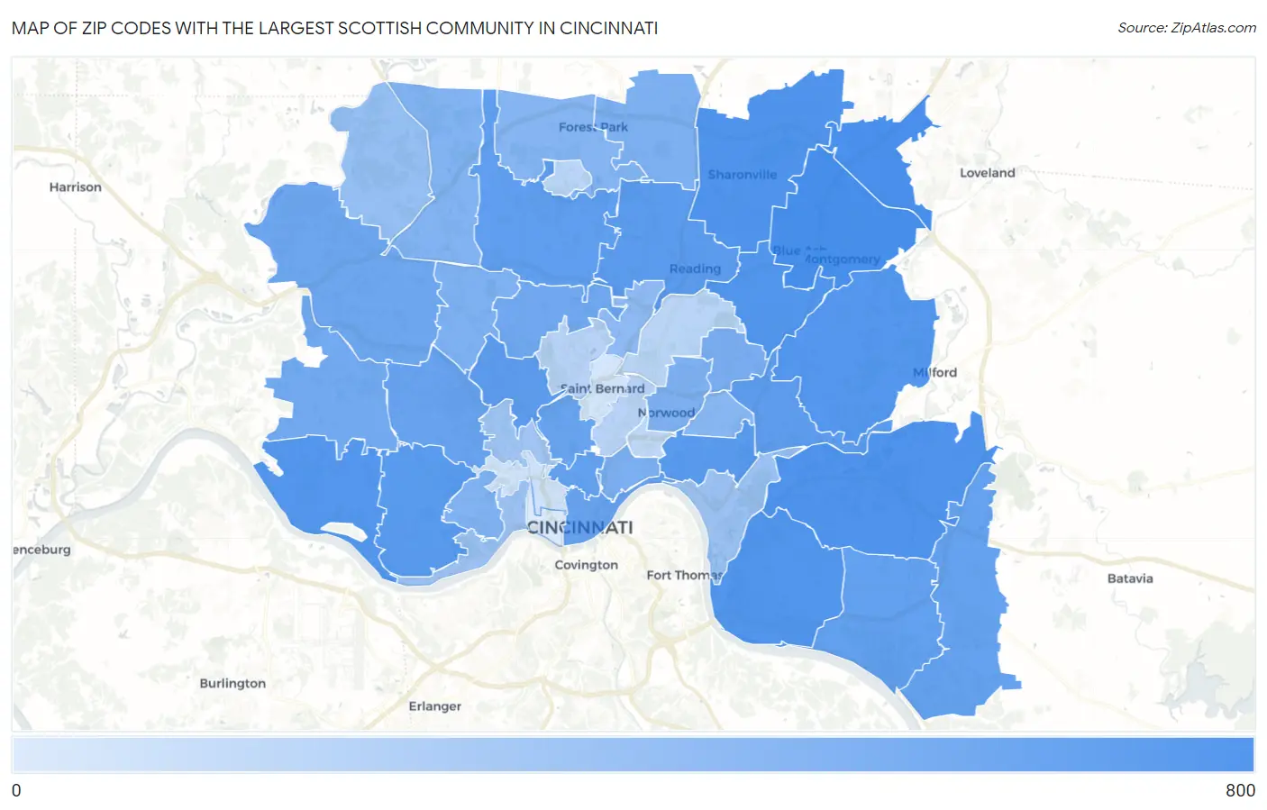 Zip Codes with the Largest Scottish Community in Cincinnati Map