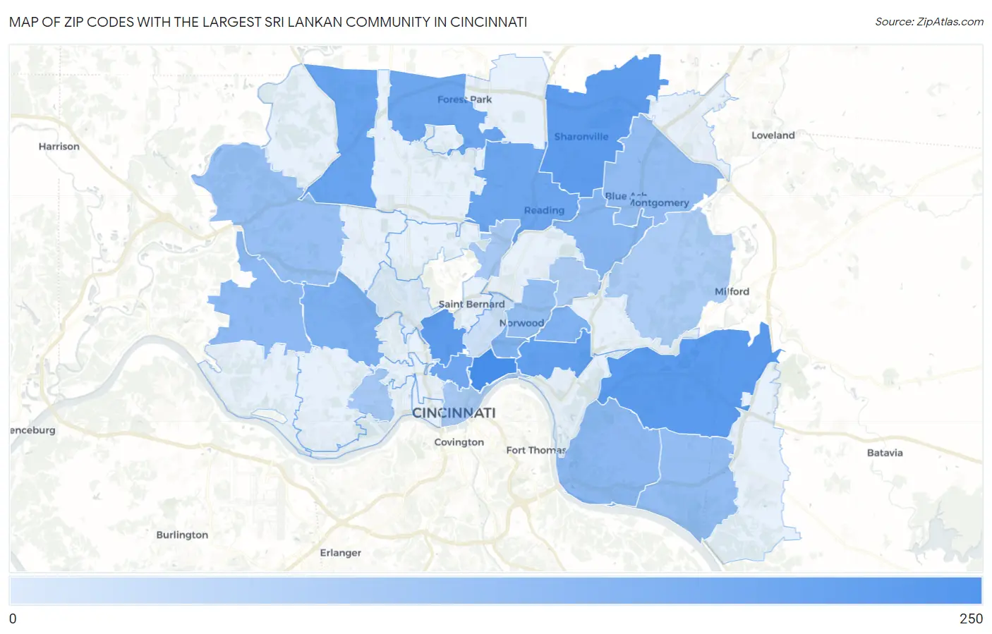 Zip Codes with the Largest Sri Lankan Community in Cincinnati Map