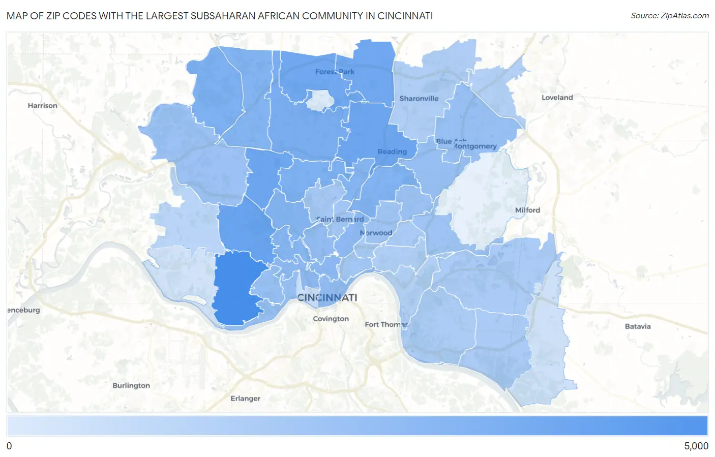 Zip Codes with the Largest Subsaharan African Community in Cincinnati Map