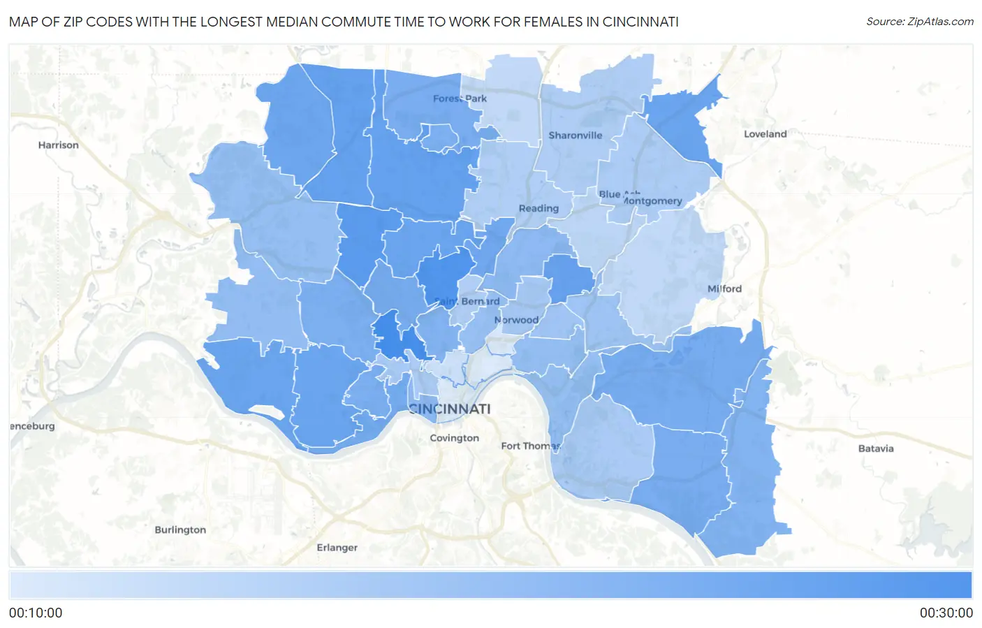 Zip Codes with the Longest Median Commute Time to Work for Females in Cincinnati Map