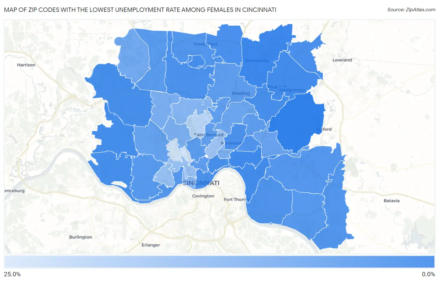 Zip Codes with the Lowest Unemployment Rate Among Females in Cincinnati Map