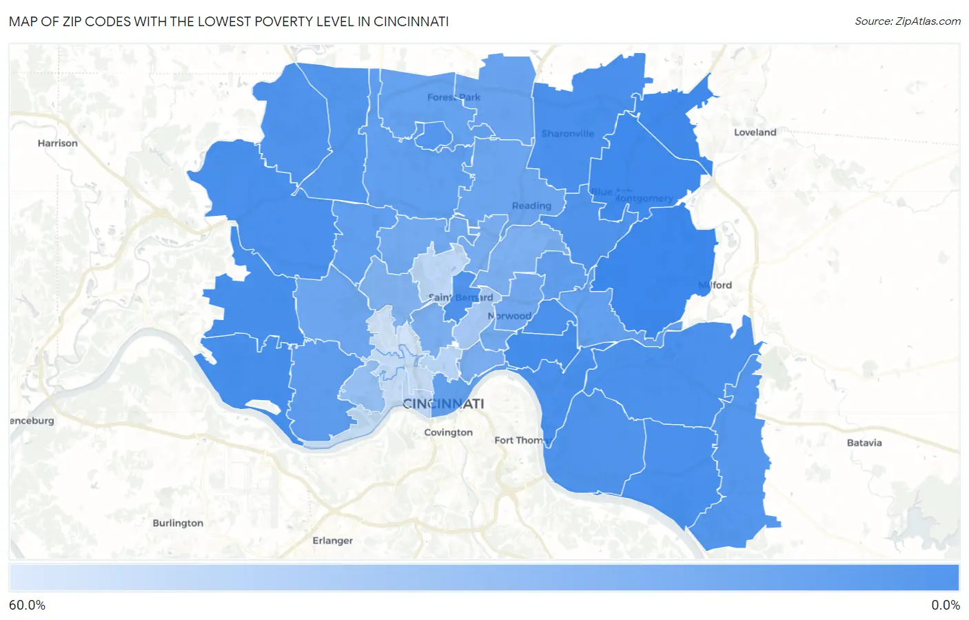 Zip Codes with the Lowest Poverty Level in Cincinnati Map