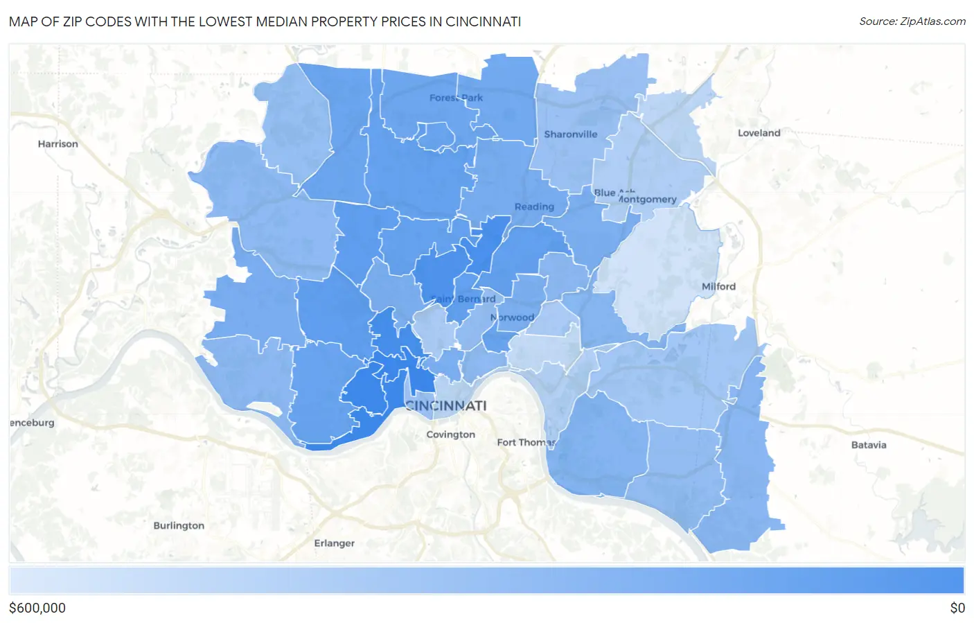 Zip Codes with the Lowest Median Property Prices in Cincinnati Map